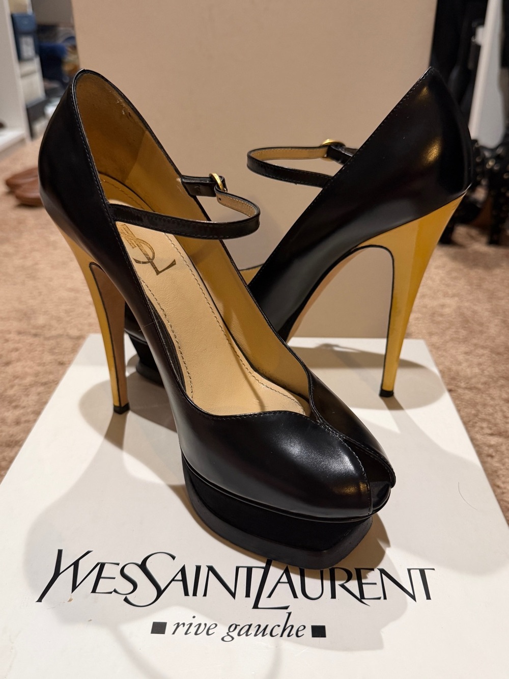 Yves Saint Laurent Black with Yellow Heel Mary Jane Peep-Toe Pumps